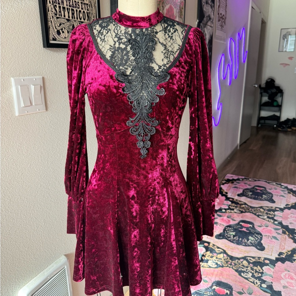Goth Victorian Velvet Lace Dress in Deep Red